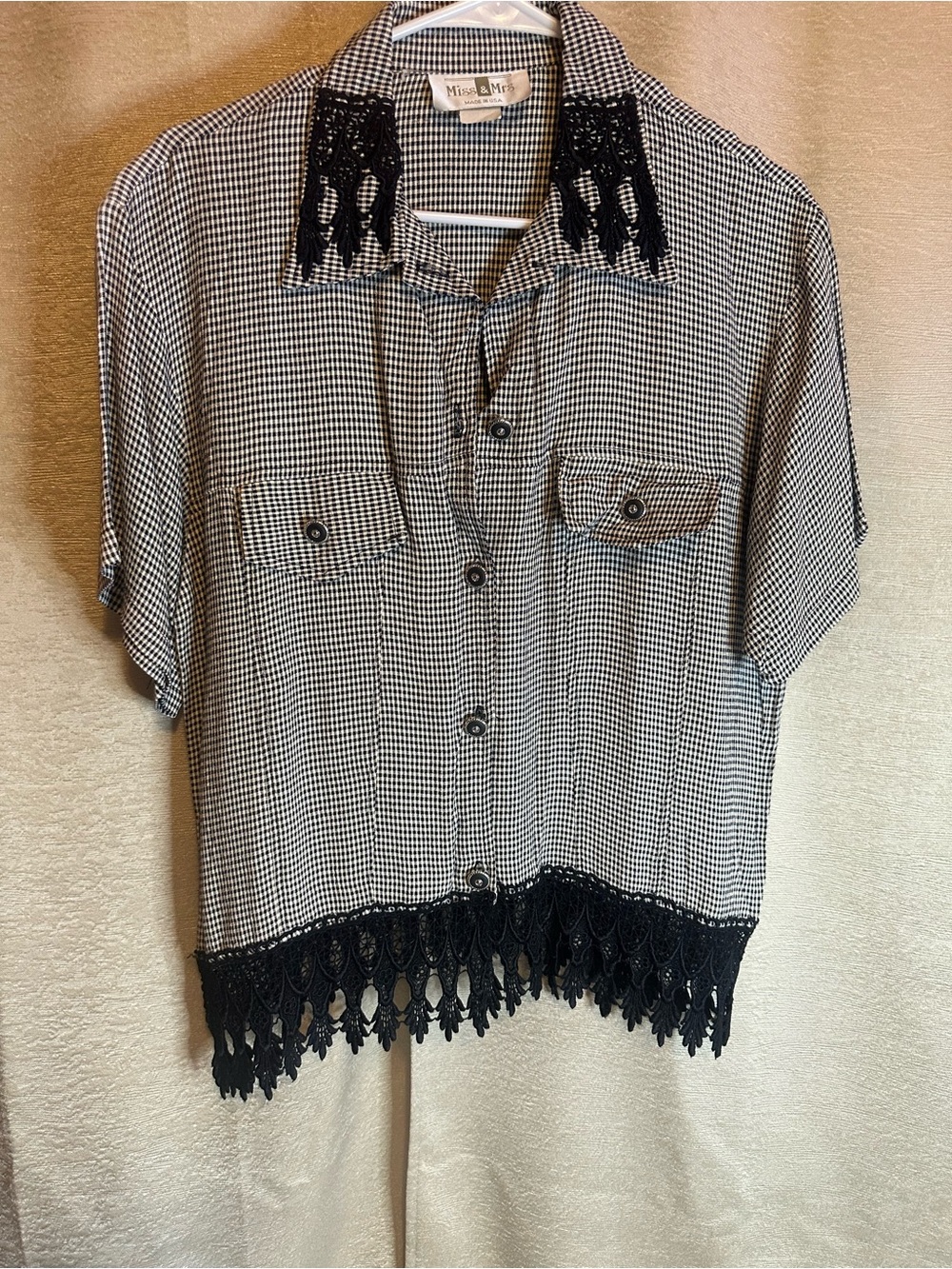 Black & White Gingham Button-Up Top with Lace Trim